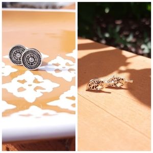 Leaf Stud & Round Crystal Center Stud Earrings Bundle